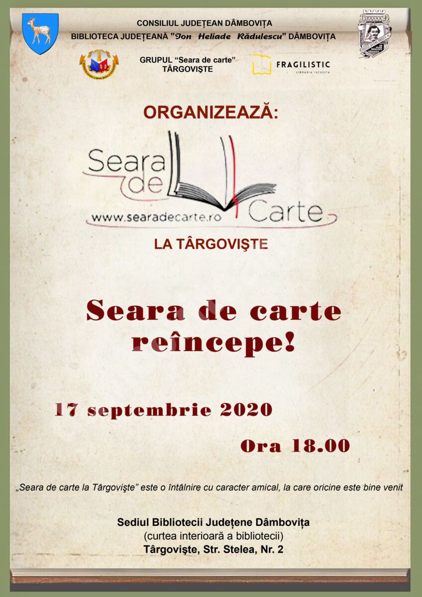 You are currently viewing „Seara de carte la Târgovişte”, la  Biblioteca Judeţenă „I. H. Rădulescu” Dâmboviţa