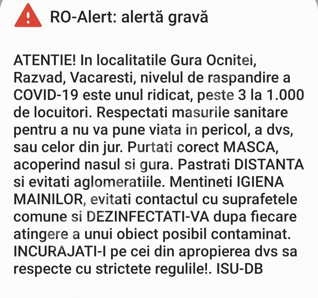 You are currently viewing Un nou mesaj RO Alert primit, astăzi, de dâmbovițeni