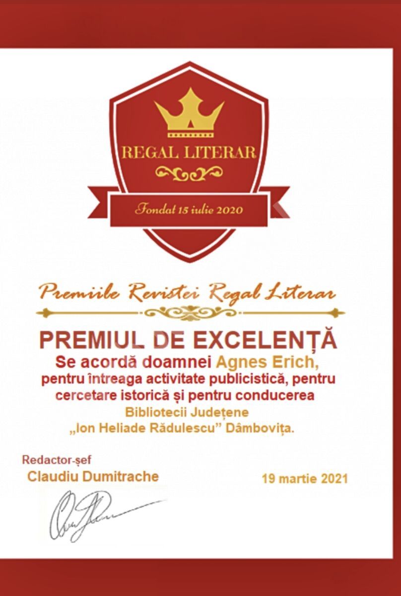 You are currently viewing Agnes Erich, premiată de Revista „Regal Cultural”