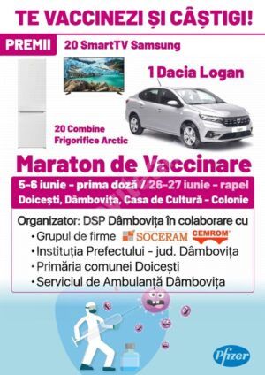 Read more about the article Tombolă pentru vaccinare, la Doicești; printre premii o mașină, televizoare și combine frigorifice