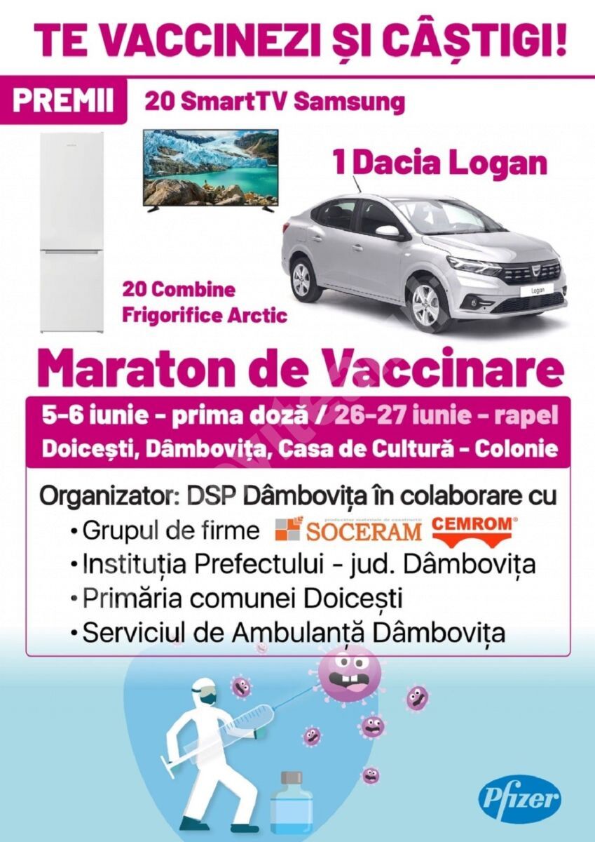 You are currently viewing Tombolă pentru vaccinare, la Doicești; printre premii o mașină, televizoare și combine frigorifice