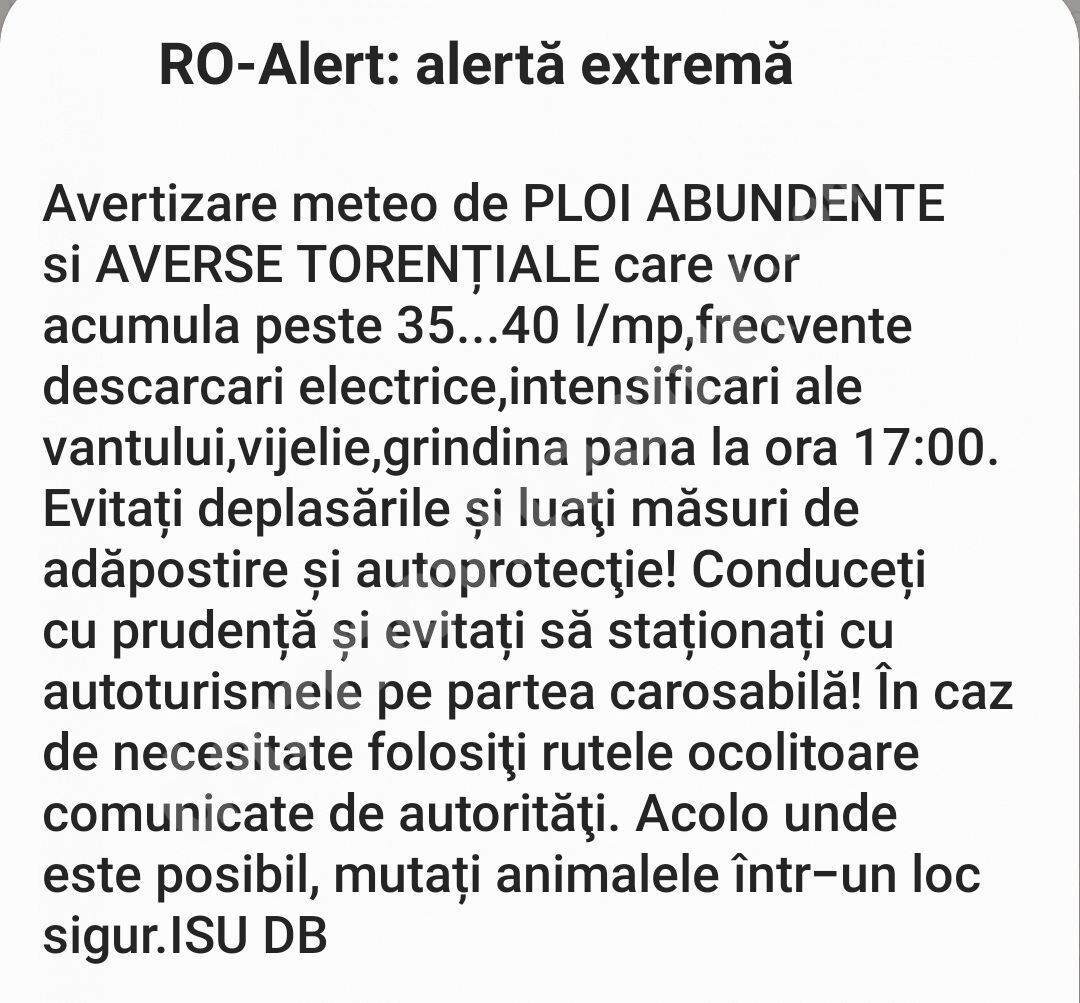 You are currently viewing Mesaj RO ALERT de averse torențiale, primit de dâmbovițeni
