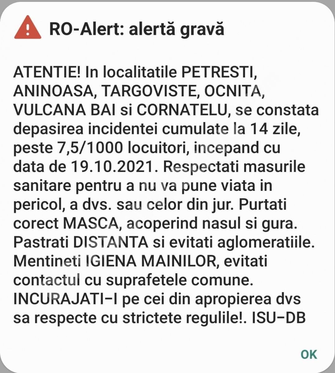 You are currently viewing Mesaj RO ALERT, privind cazurile COVID-19 din Târgoviște, Petrești, Aninoasa, Ocnița, Vulcana Băi și Cornățelu