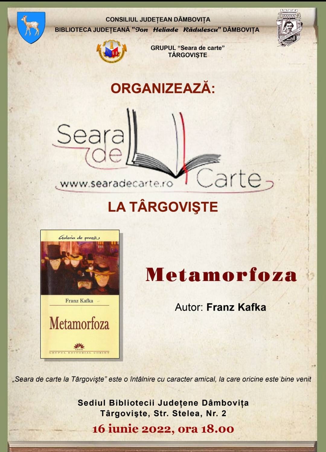 You are currently viewing „Metamorfoza” de Franz Kafka, subiectul propus la întâlnirea „Seara de carte la Târgovişte”