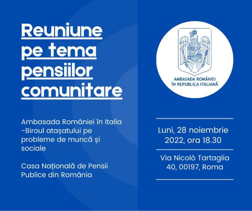 You are currently viewing Ambasada României în Italia organizează o reuniune pe tema pensiilor comunitare, cu participarea Casei Naționale de Pensii Publice din România