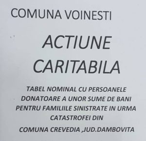 Read more about the article Reprezentanții administrației locale din Voinești donează pentru locuitorii din Crevedia și îi invită și pe voineșteni s-o facă