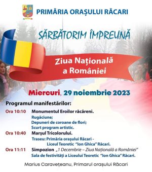 Read more about the article Manifestări solemne, astăzi la Răcari, pentru Ziua Națională a României