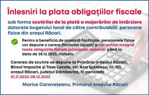 Read more about the article Înlesniri la plata obligațiilor fiscale pentru contribuabilii din Răcari