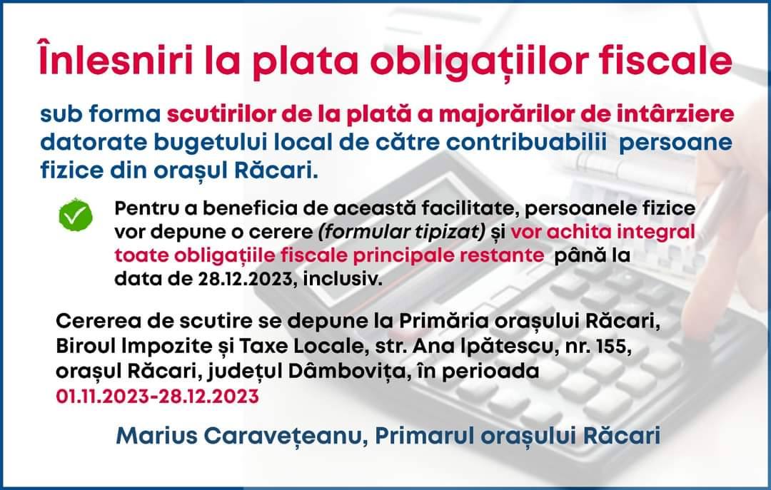 You are currently viewing Înlesniri la plata obligațiilor fiscale, pentru contribuabilii din Răcari