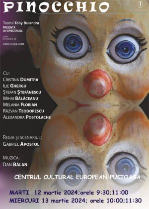 Read more about the article Echipa teatrului „Tony Bulandra” pune în scenă, la Pucioasa, piesa Pinocchio