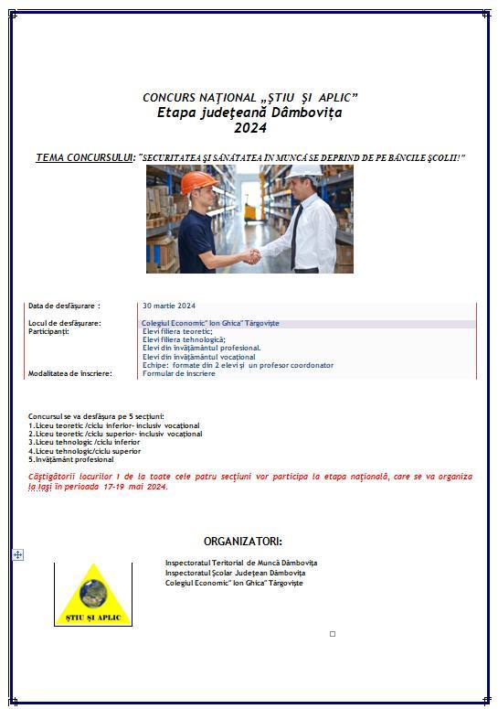 You are currently viewing Etapa județeană a concursului „Știu și aplic”, organizat de ITM Dâmbovița, va avea loc sâmbătă la Colegiul Economic ″Ion Ghica″ din Targoviște