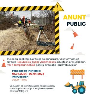 Read more about the article Străzi temporar închise în Răcari, pentru efectuarea lucrărilor de canalizare