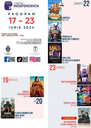 Read more about the article Vezi programul proiecțiilor de film la Cinema „Independența”, în perioada 17-23 iunie 2024!
