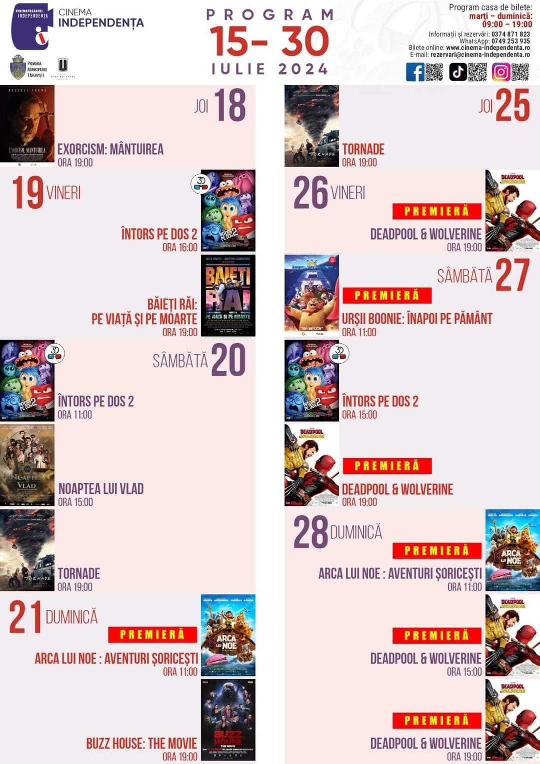 You are currently viewing Vezi programul proiecțiilor de filme la Cinema „Independența” în perioada 15-30 iulie 2024!