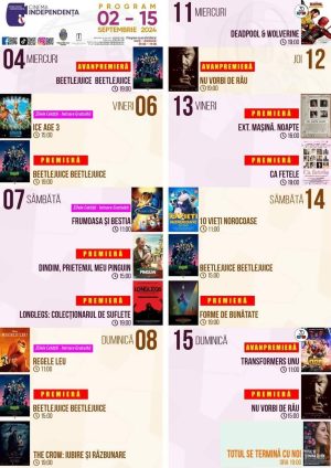 Read more about the article Programul proiecțiilor de film la Cinema Independența, în perioada 04 – 15 august 2024!