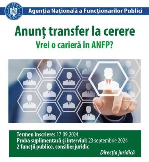 Read more about the article ANFP demarează procedura de transfer la cerere pentru ocuparea a două funcții publice de consilier juridic