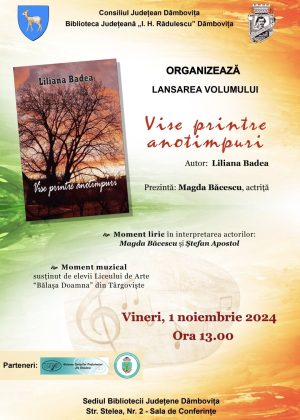 Read more about the article Cartea „Vise printre anotimpuri” de Liliana Badea, va fi lansată la Biblioteca Județeană Dâmbovița