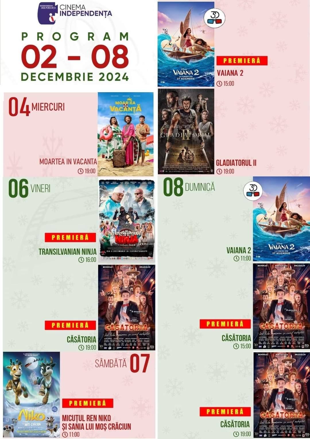 You are currently viewing Programul proiecțiilor de film la Cinema „Independența”, în perioada 04 – 08 noiembrie 2024!