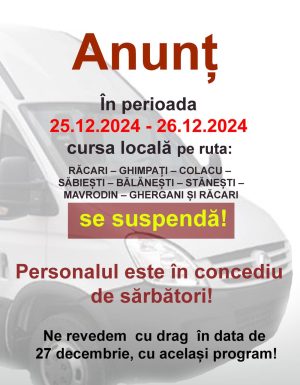 Read more about the article Administrația din Răcari anunță suspendarea temporară a unei curse locale, în perioada Crăciunului