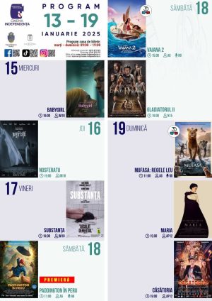Read more about the article Vezi programul proiecțiilor de film la Cinema „Independența”, în perioada 13-19 ianuarie 2025!