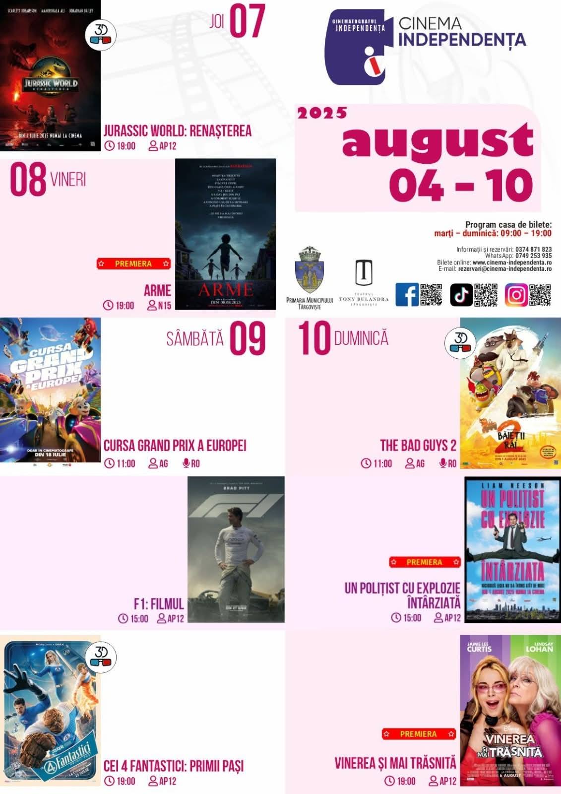 You are currently viewing Vezi programul proiecțiilor de film la Cinema „Independența”, în perioada 04-10 august 2025!