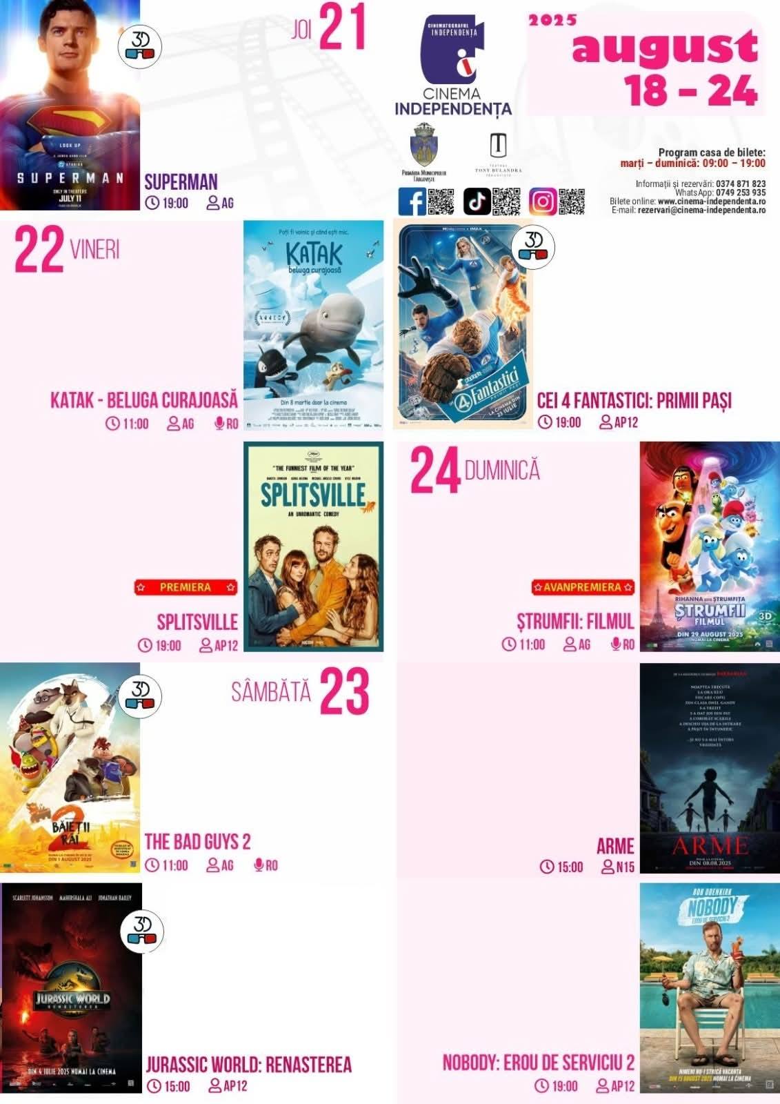 You are currently viewing Vezi programul proiecțiilor de film la Cinema „Independența” în perioada 18-24 august 2025!