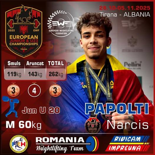 You are currently viewing Trei medalii de bronz pentru România în prima zi a Campionatului European de Haltere pentru juniori și tineret. Narcis Papolti a urcat de două ori pe podium
