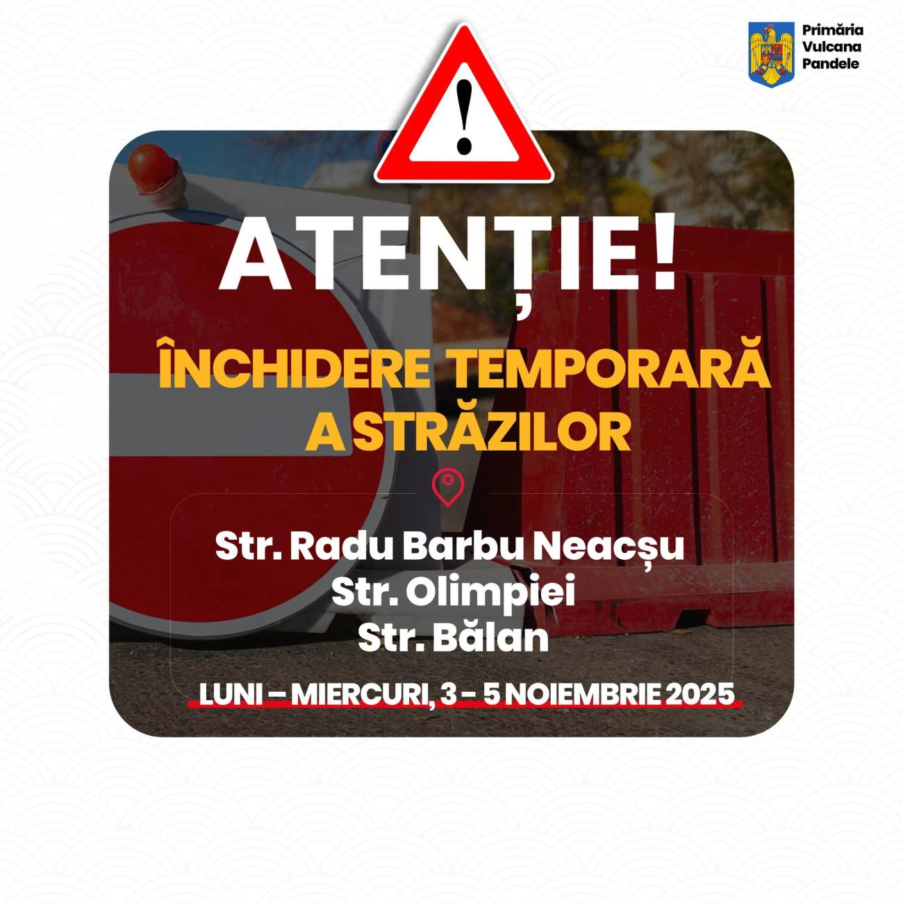 You are currently viewing Restricții temporare de circulație în comuna Vulcana-Pandele, între 3 și 5 noiembrie