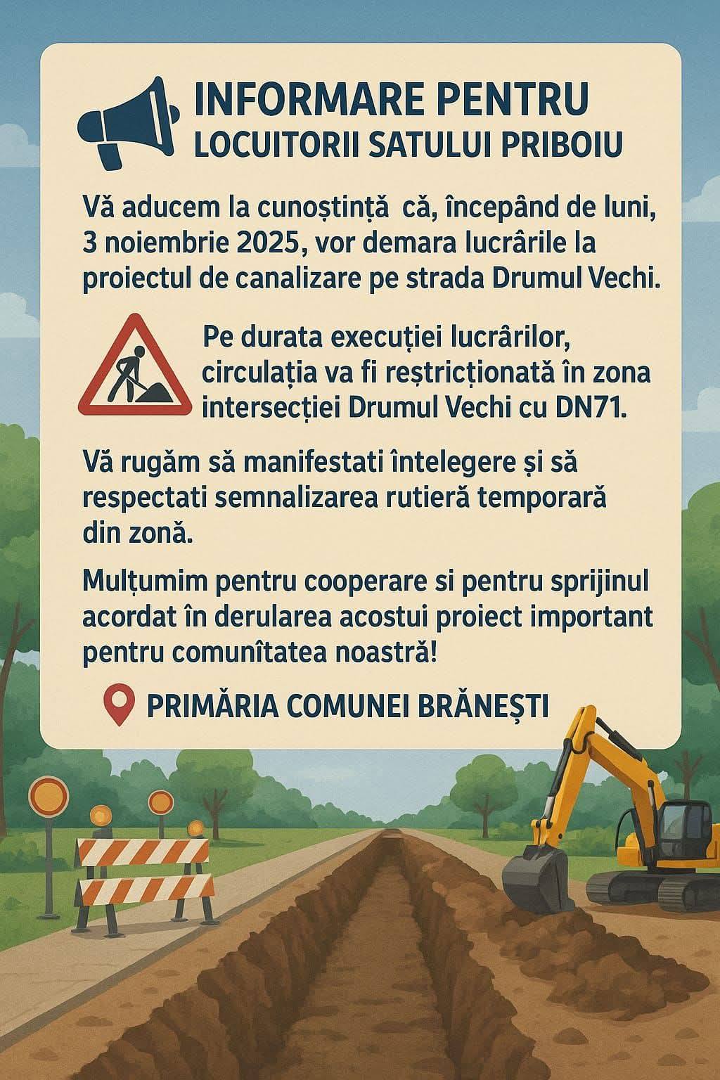 You are currently viewing Lucrări și restricții de circulație în comuna Brănești, începând de luni, 3 noiembrie