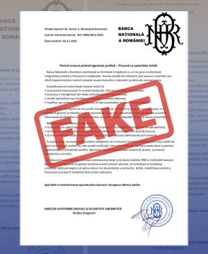 Read more about the article Atenționare privind distribuirea unui document fals atribuit Băncii Naționale a României