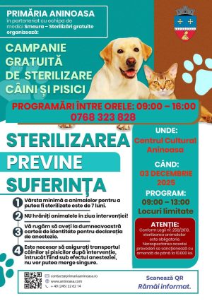 Read more about the article Primăria Aninoasa organizează o nouă campanie gratuită de sterilizare pentru câini și pisici