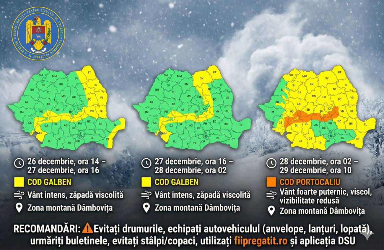 You are currently viewing ISU Dâmbovița anunță vânt puternic, viscol și vizibilitate redusă în zona montană. Recomandări pentru perioada următoare