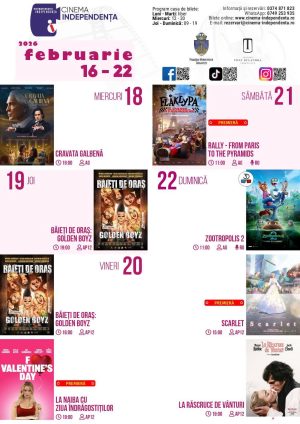 Read more about the article Vezi programul proiecțiilor de film la Cinema Independența în perioada 16-22 februarie 2026!