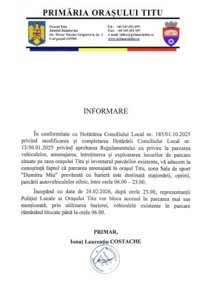 Read more about the article Parcarea de la Sala de Sport „Dumitru Miu” din Titu va fi închisă pe timpul nopții