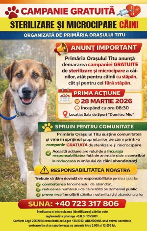 Read more about the article Campanie gratuită de sterilizare și microcipare a câinilor, organizată de Primăria Titu