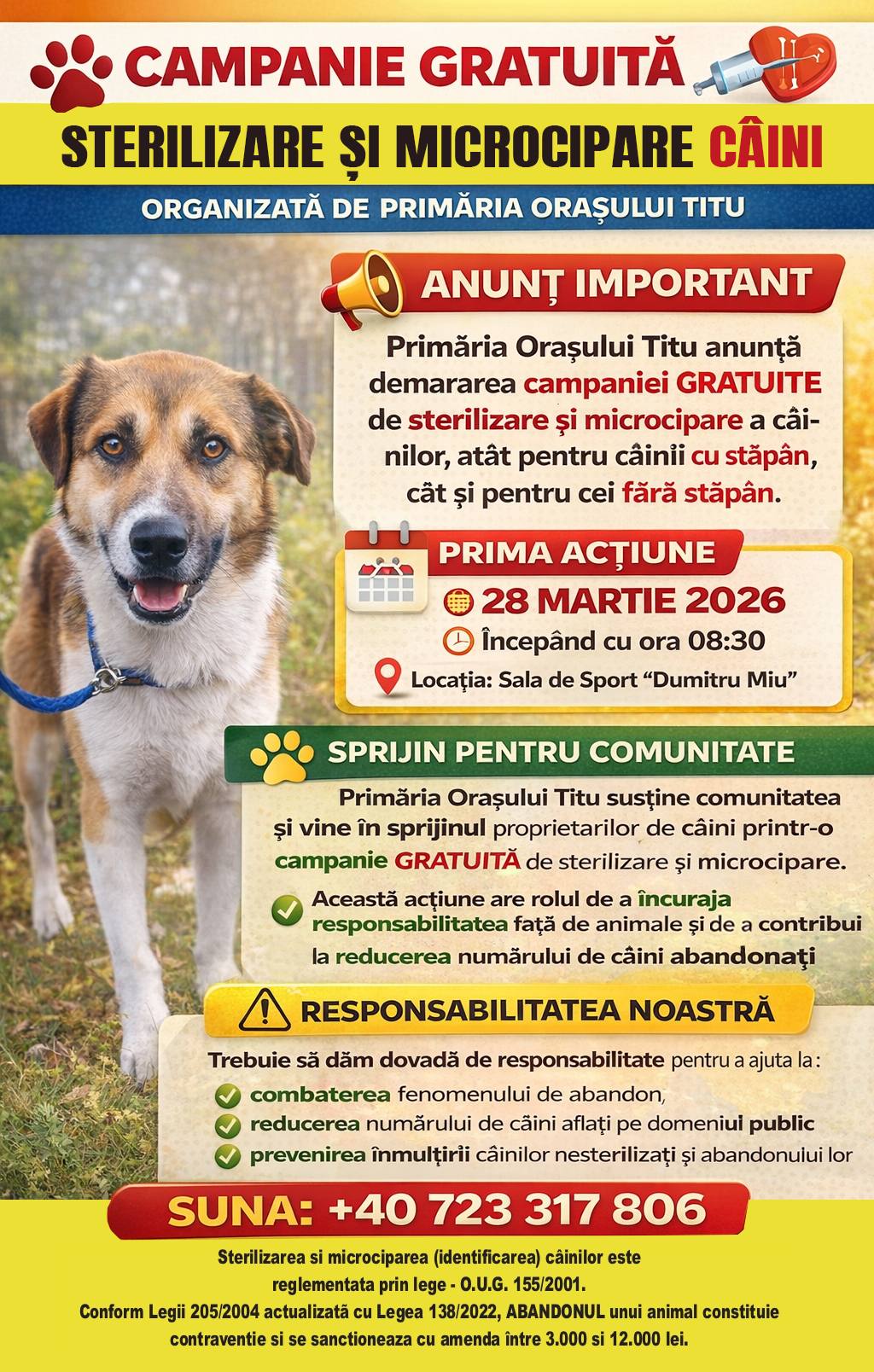 You are currently viewing Campanie gratuită de sterilizare și microcipare a câinilor, organizată de Primăria Titu