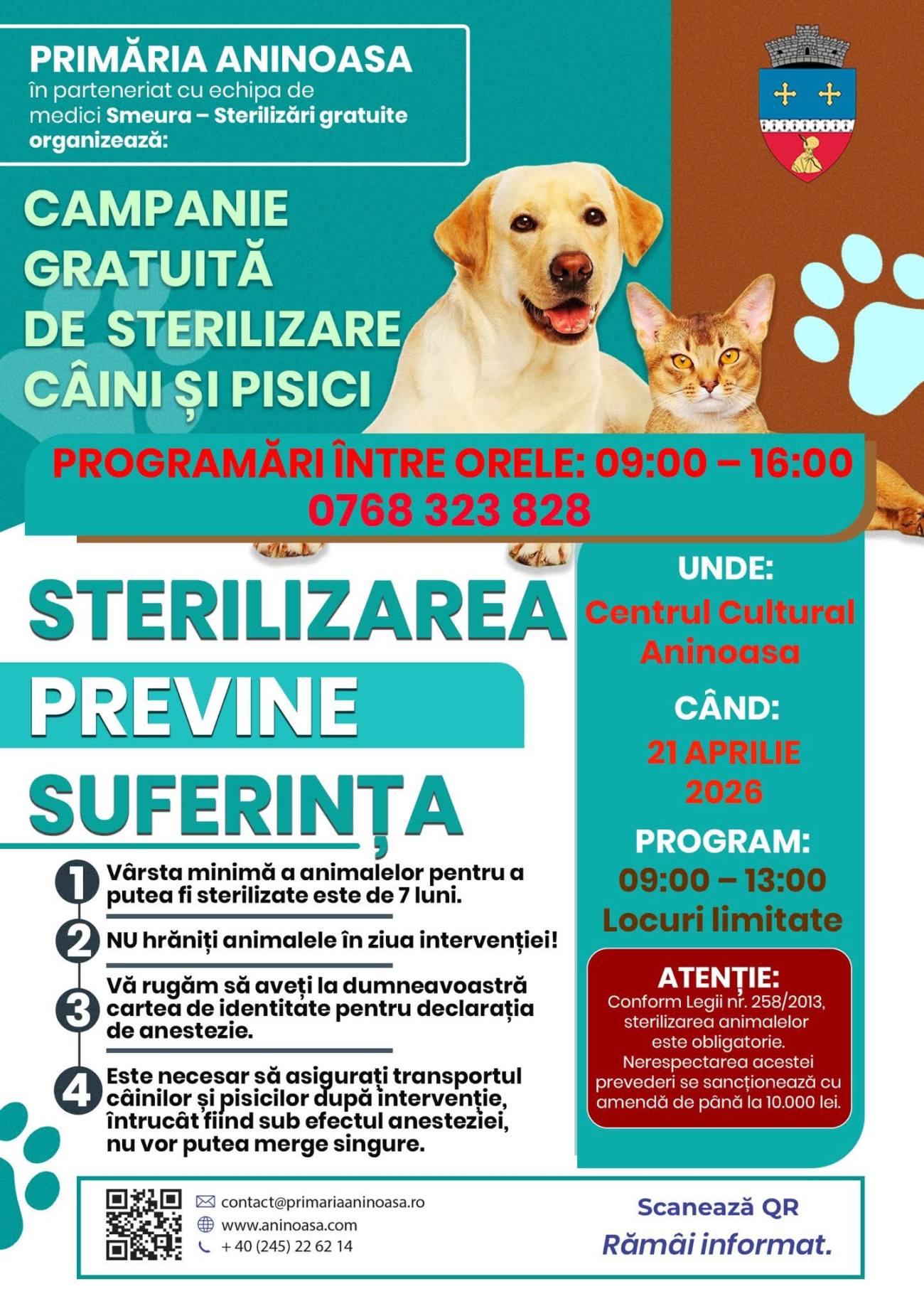 You are currently viewing Sterilizări gratuite pentru câini și pisici, la Aninoasa, pe 21 aprilie