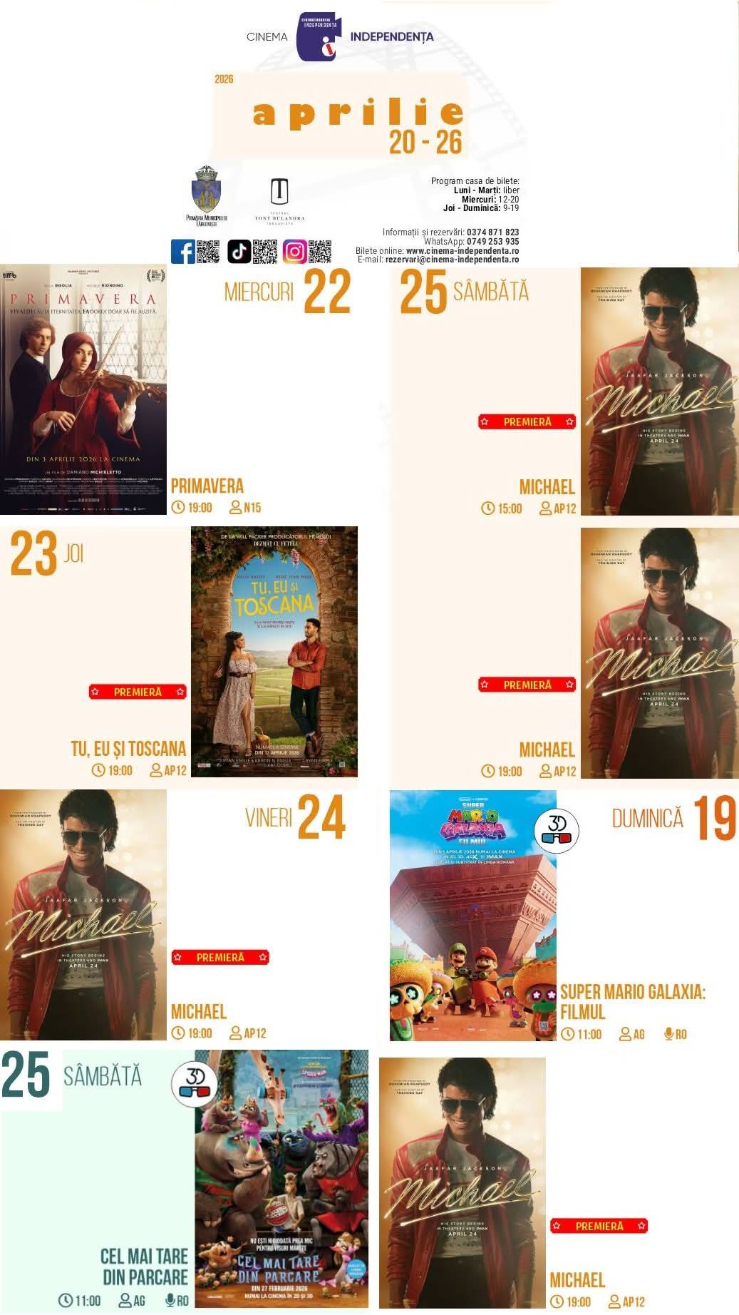You are currently viewing Vezi programul proiecțiilor de film la Cinema „Independența”, în perioada 20-26 aprilie 2026!
