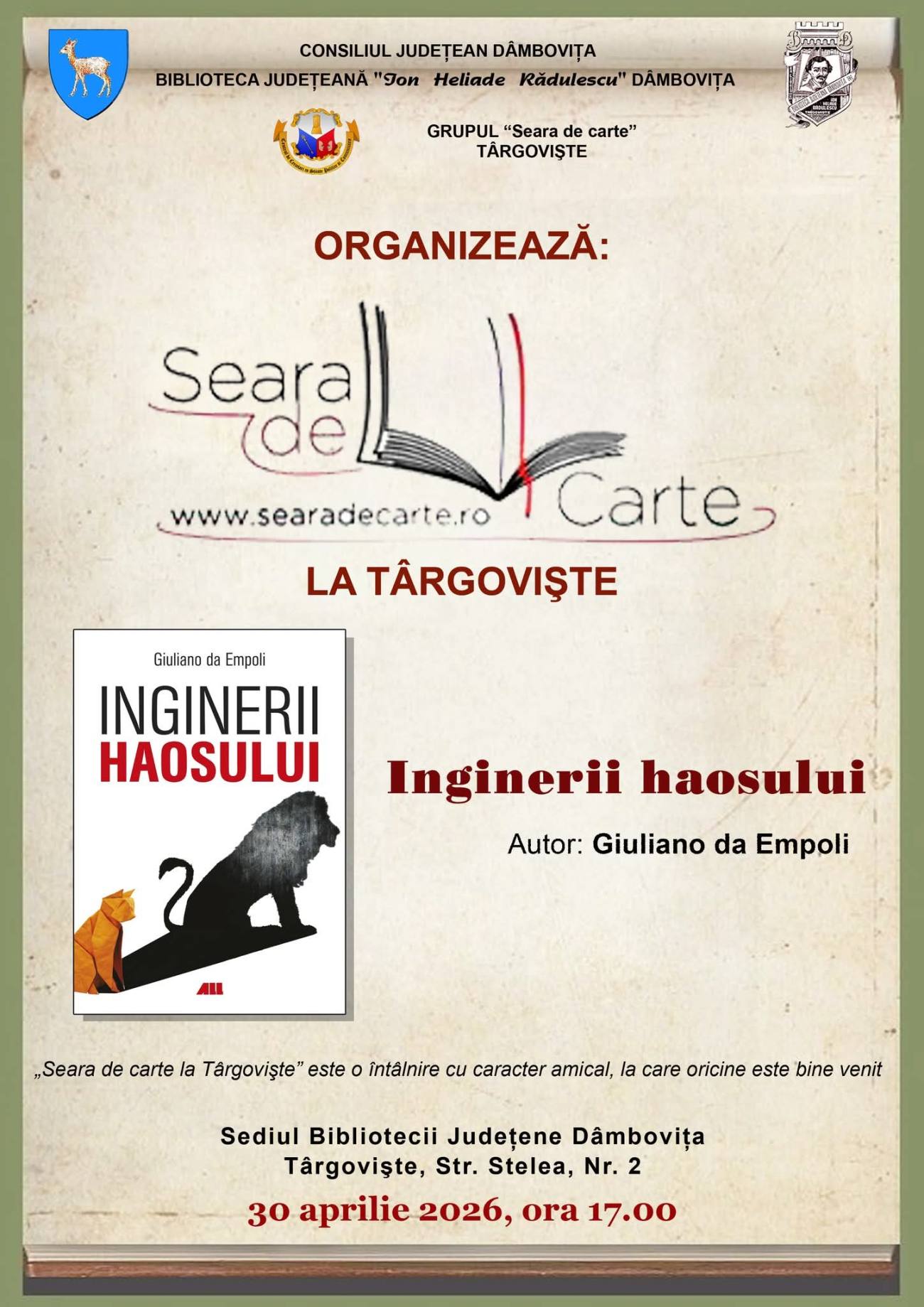 You are currently viewing O nouă întâlnire „Seara de carte la Târgoviște” va avea loc la Biblioteca Județeană Dâmbovița