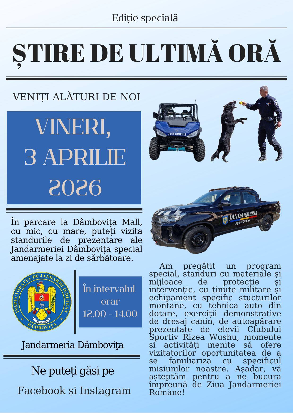 You are currently viewing Inspectoratul Județean de Jandarmi își sărbătorește ziua, la Dâmbovița Mall, printr-un eveniment dedicat publicului