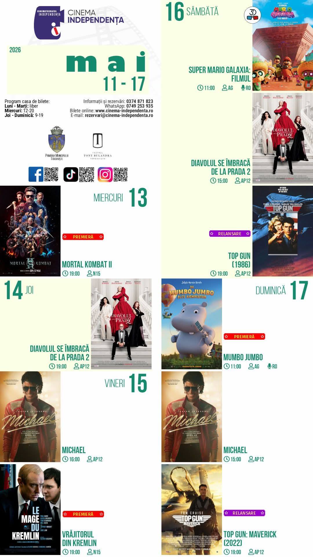 You are currently viewing Vezi programul proiecțiilor de film la Cinema „Independența”, în perioada 11-17 mai 2026!