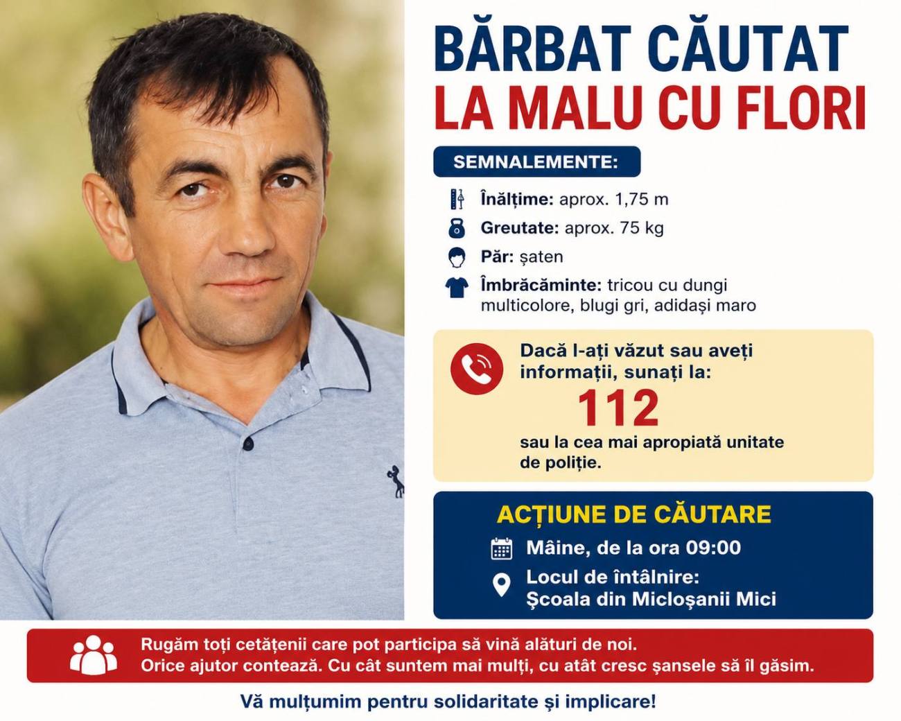 You are currently viewing Bărbat dispărut la Malu cu Flori. Autoritățile fac apel la cetățeni să participe la căutări