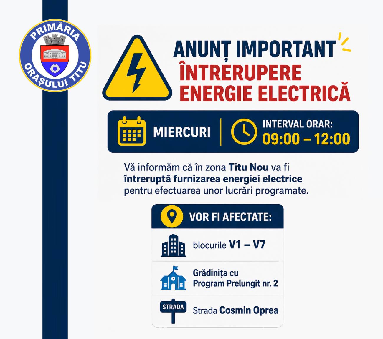 You are currently viewing Întrerupere programată a energiei electrice în Titu Nou. Mai multe blocuri și o grădiniță vor fi afectate