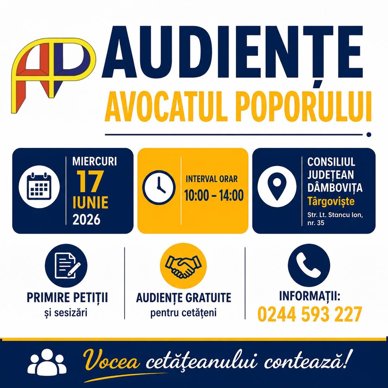 You are currently viewing Dâmbovițenii pot discuta direct cu reprezentantul Avocatului Poporului, săptămâna vviitoare, la sediul CJD