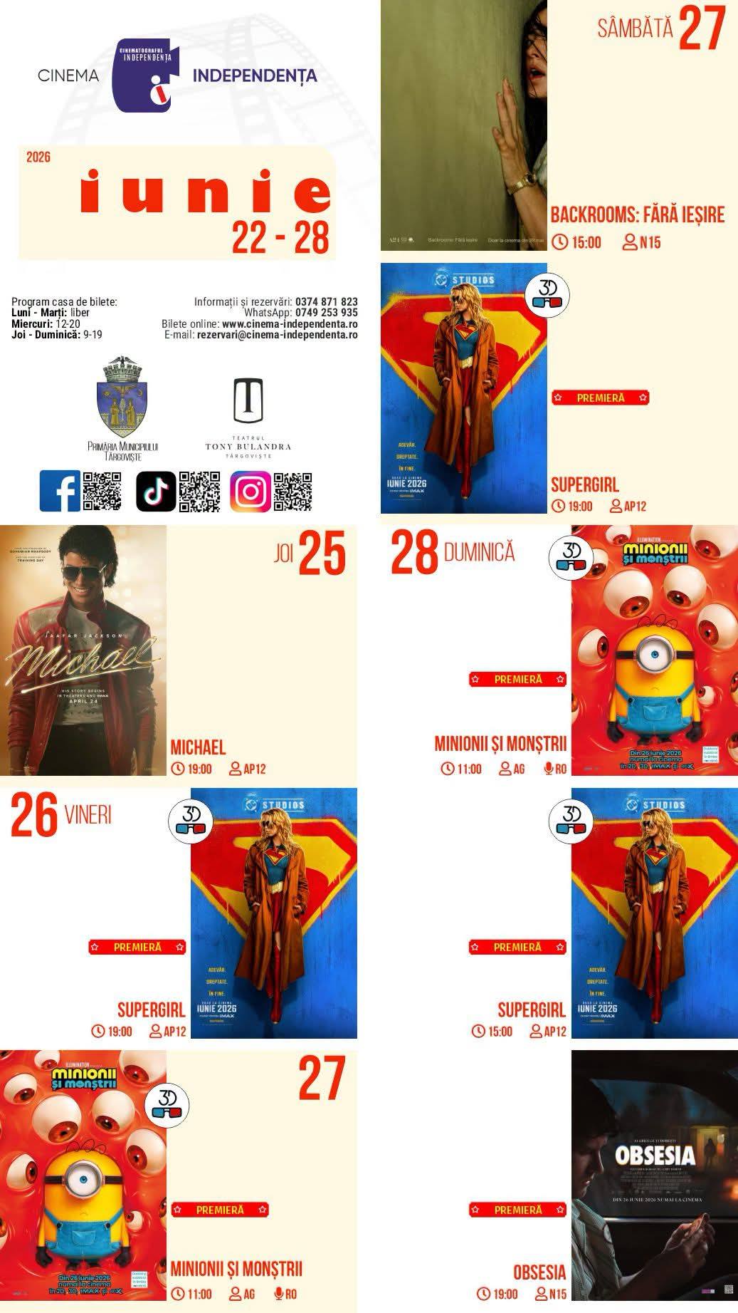 You are currently viewing Vezi programul proiecțiilor de film la Cinema Independența, în perioada 22-28 iunie 2026!