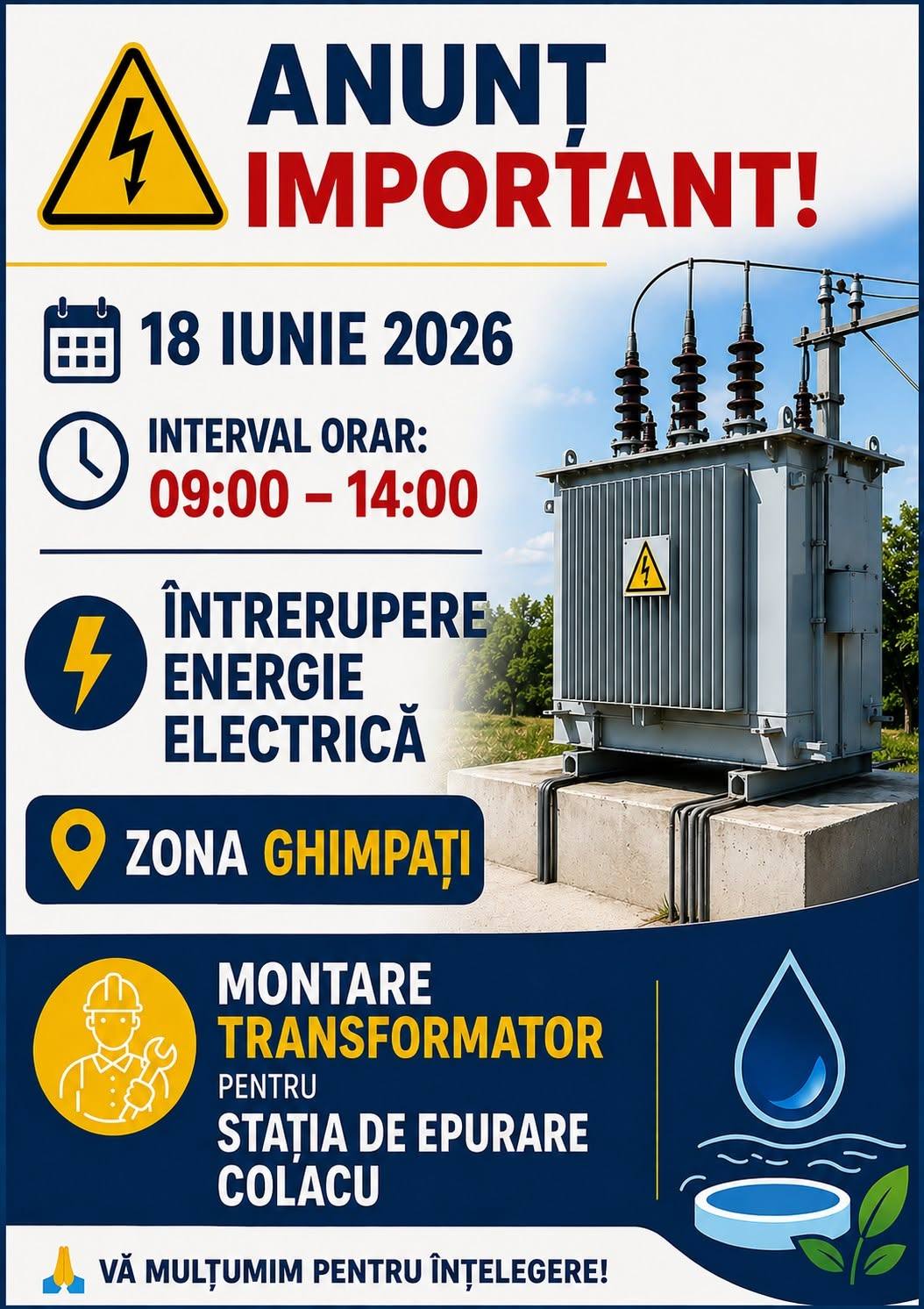 You are currently viewing Transformator nou pentru Stația de Epurare Colacu. Alimentarea cu energie va fi oprită temporar în Ghimpați