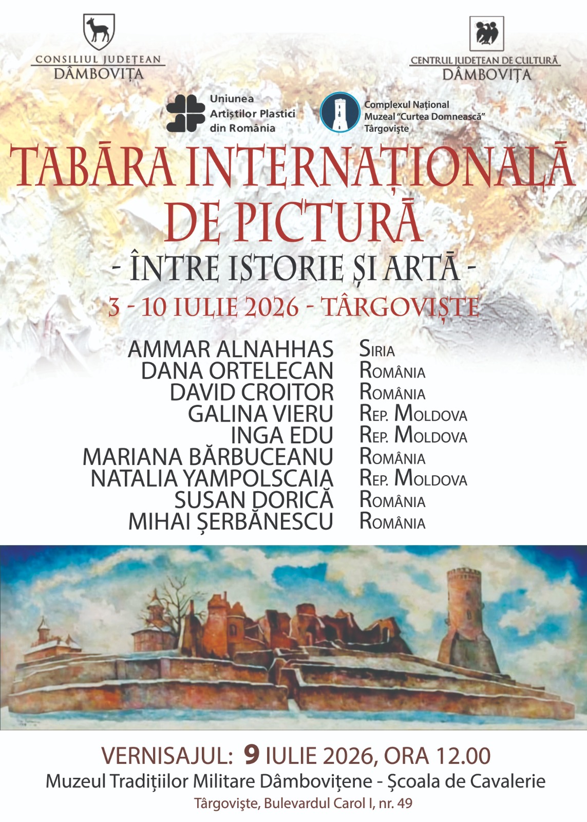 You are currently viewing Vernisajul Taberei Internaționale de pictură „Între Istorie și Artă” va avea loc la Muzeul Tradițiilor Dâmbovițene – Școala de Cavalerie