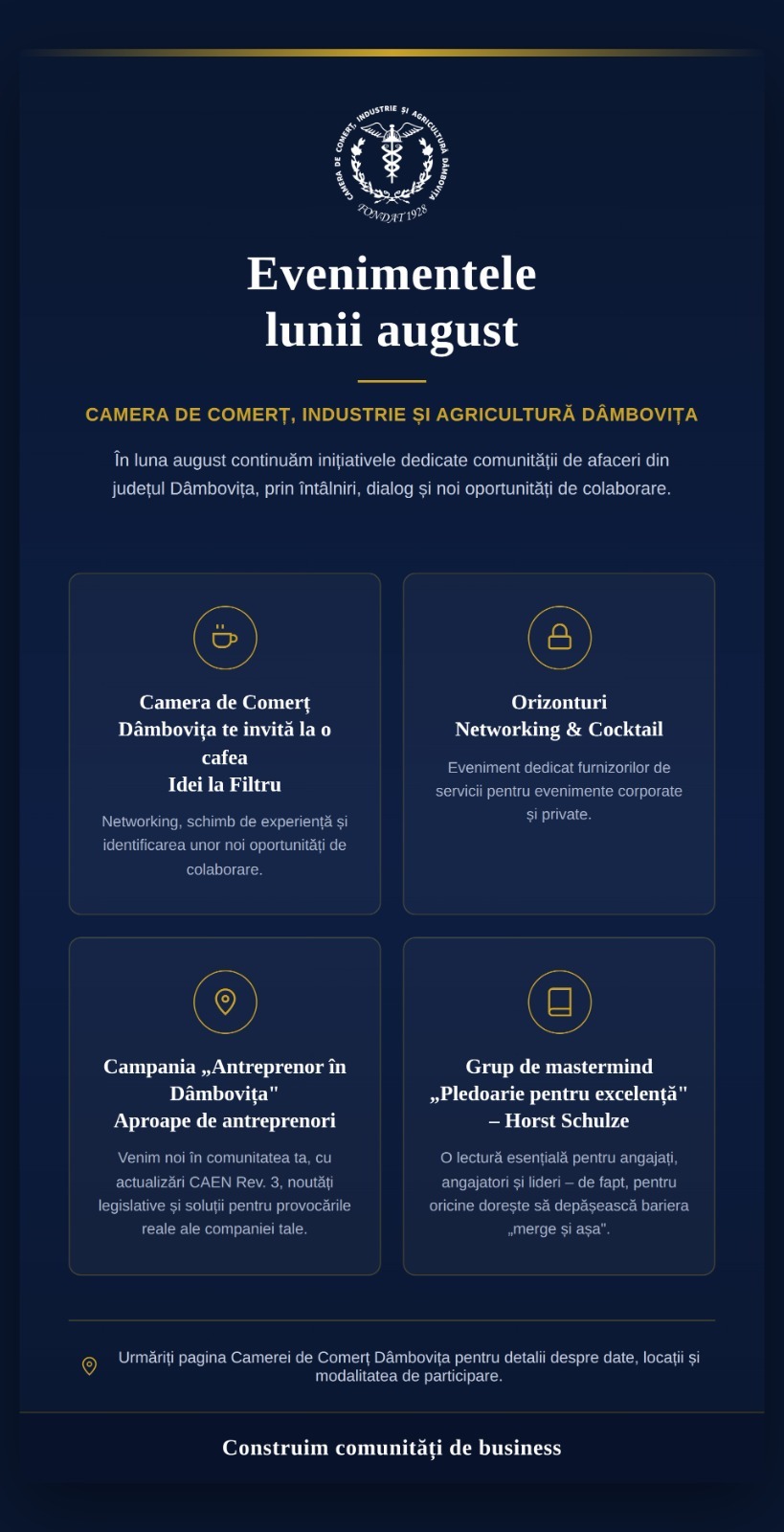 You are currently viewing Camera de Comerț Dâmbovița pregătește o lună august plină de evenimente dedicate antreprenorilor