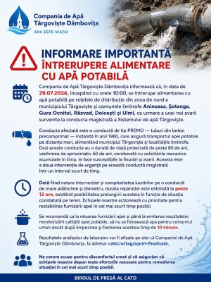 Read more about the article Probleme în lanț la conducta magistrală. O nouă oprire a apei în nordul Târgoviștei și comunele limitrofe