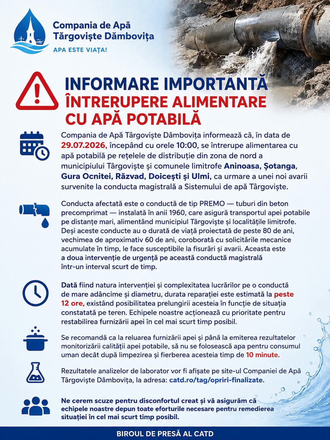 You are currently viewing Probleme în lanț la conducta magistrală. O nouă oprire a apei în nordul Târgoviștei și comunele limitrofe
